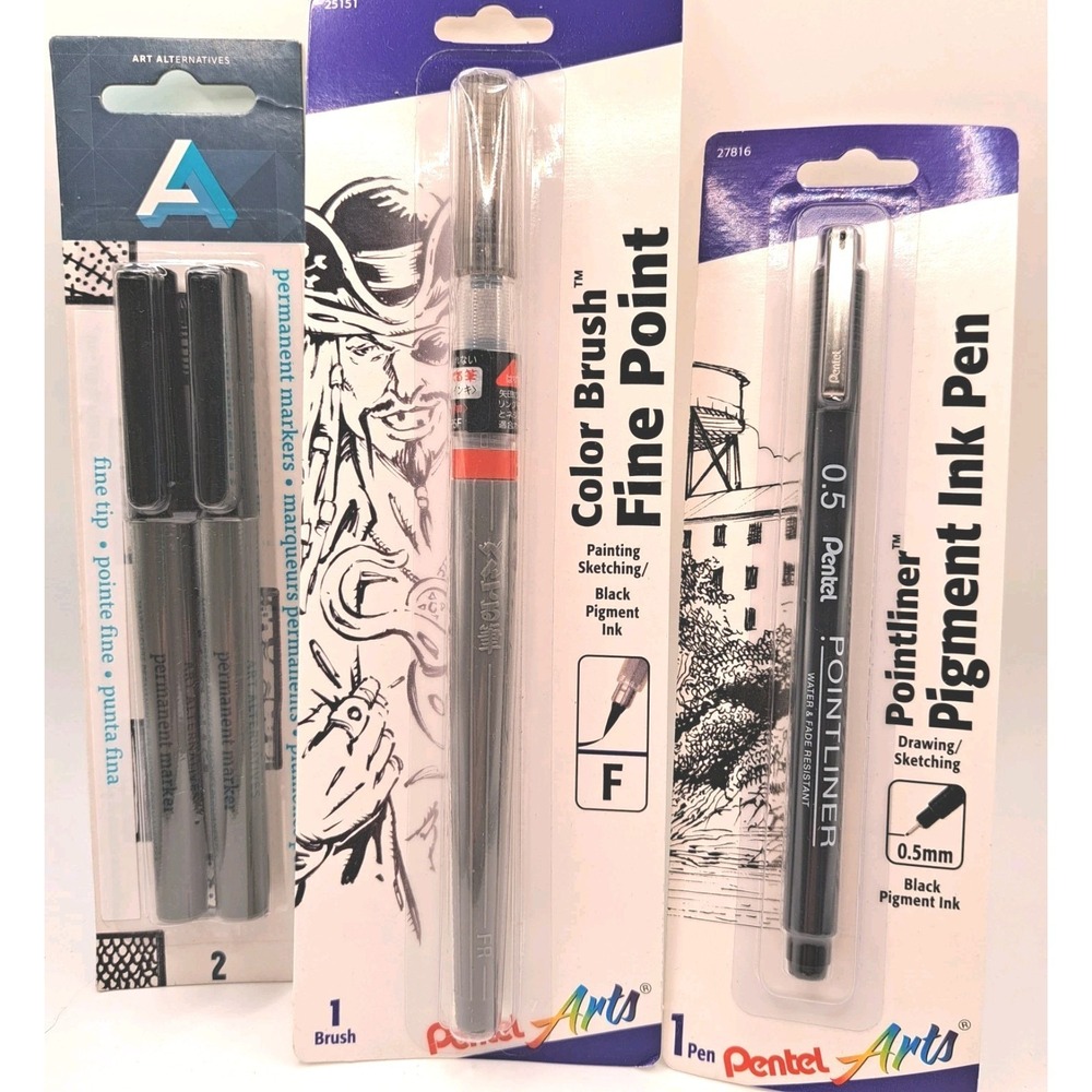 Set Of 3 Sketching Brushes/Markers Pentel Art Alternative Fine Point Black *New!